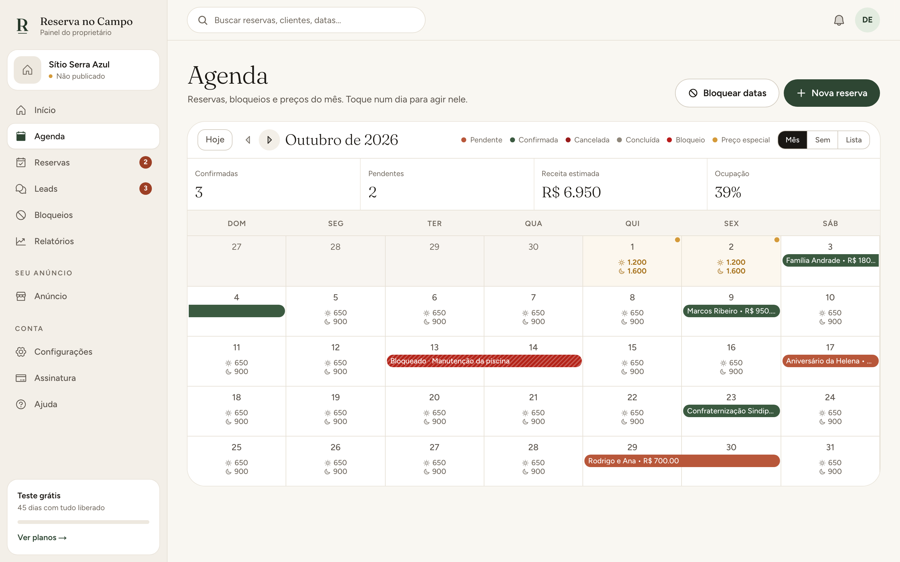 Agenda do painel do proprietário com reservas e bloqueios do mês